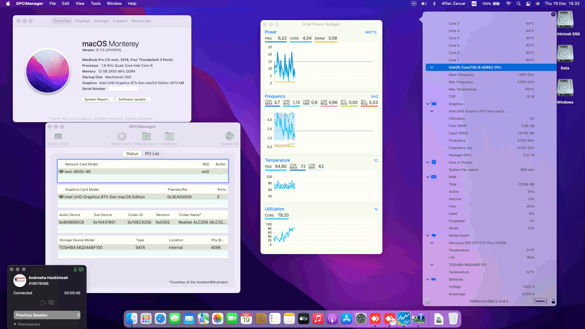 Success Hackintosh macOS Monterey 12.7.3 Build 21H1015 in Asus VivoBook A409FJ-EK502T